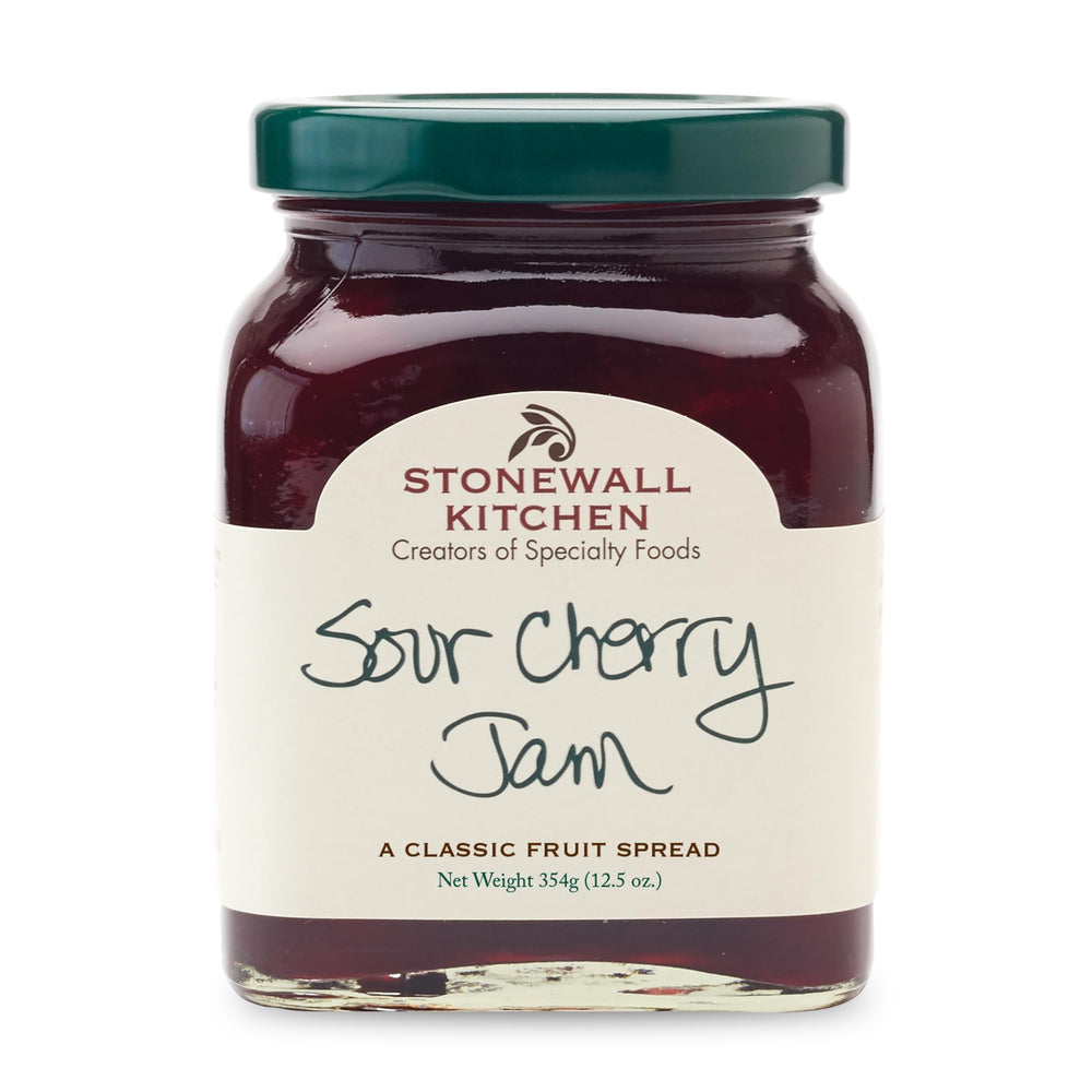 Stonewall Kitchen Sour Cherry Jam jar on a pantry shelf, a great everyday staple.