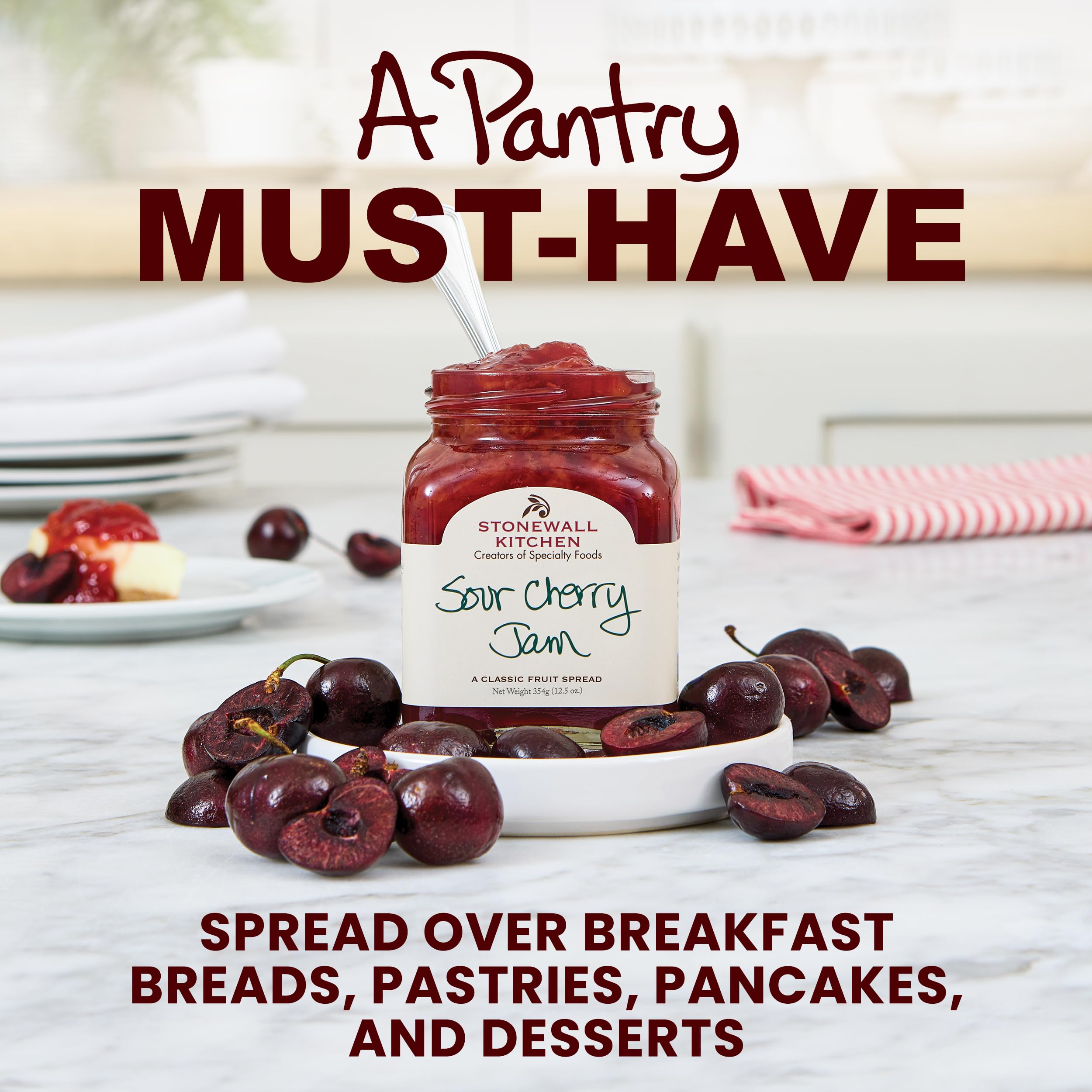 Stonewall Kitchen Sour Cherry Jam on a pantry display.