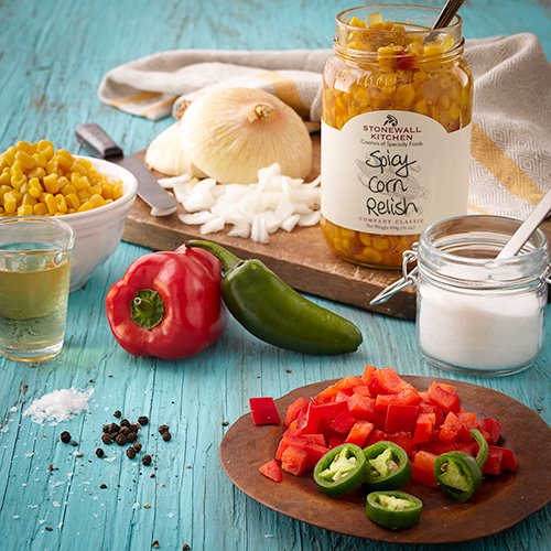 Stonewall Kitchen spicy corn relish close-up shows texture and color.