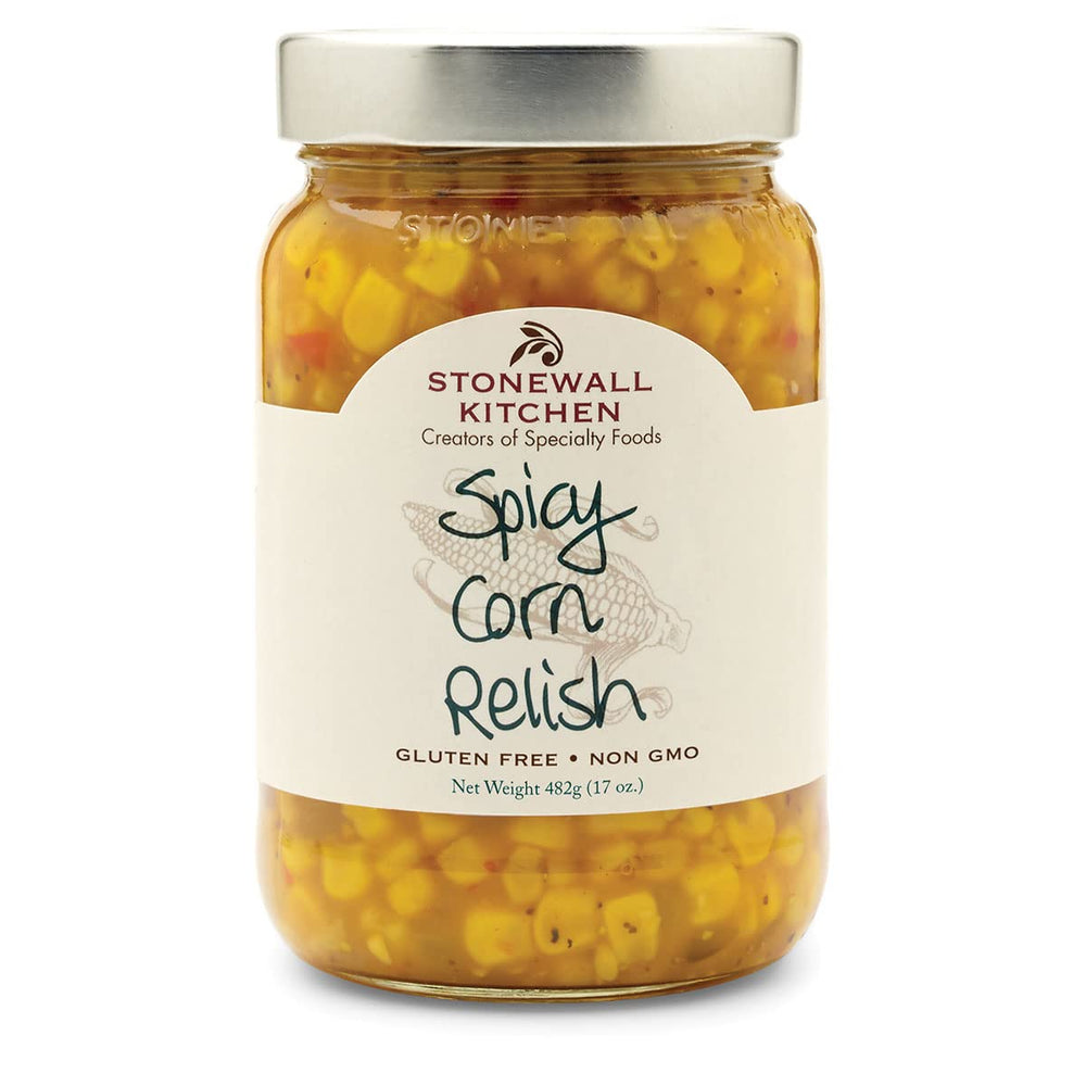 Stonewall Kitchen spicy corn relish in jar boosts everyday meals with heat.