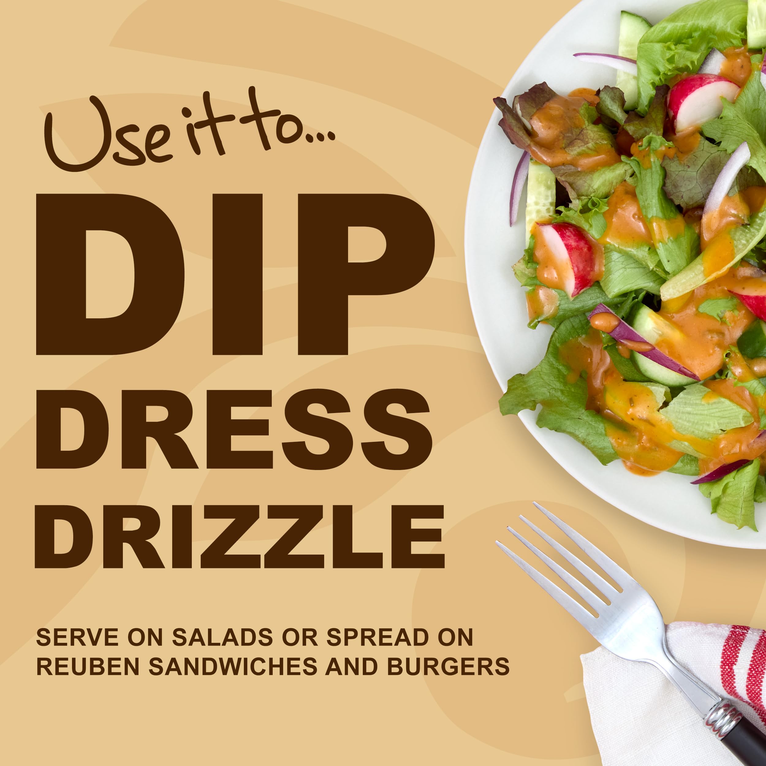 Stonewall Kitchen Thousand Island dressing over a crisp salad bowl.