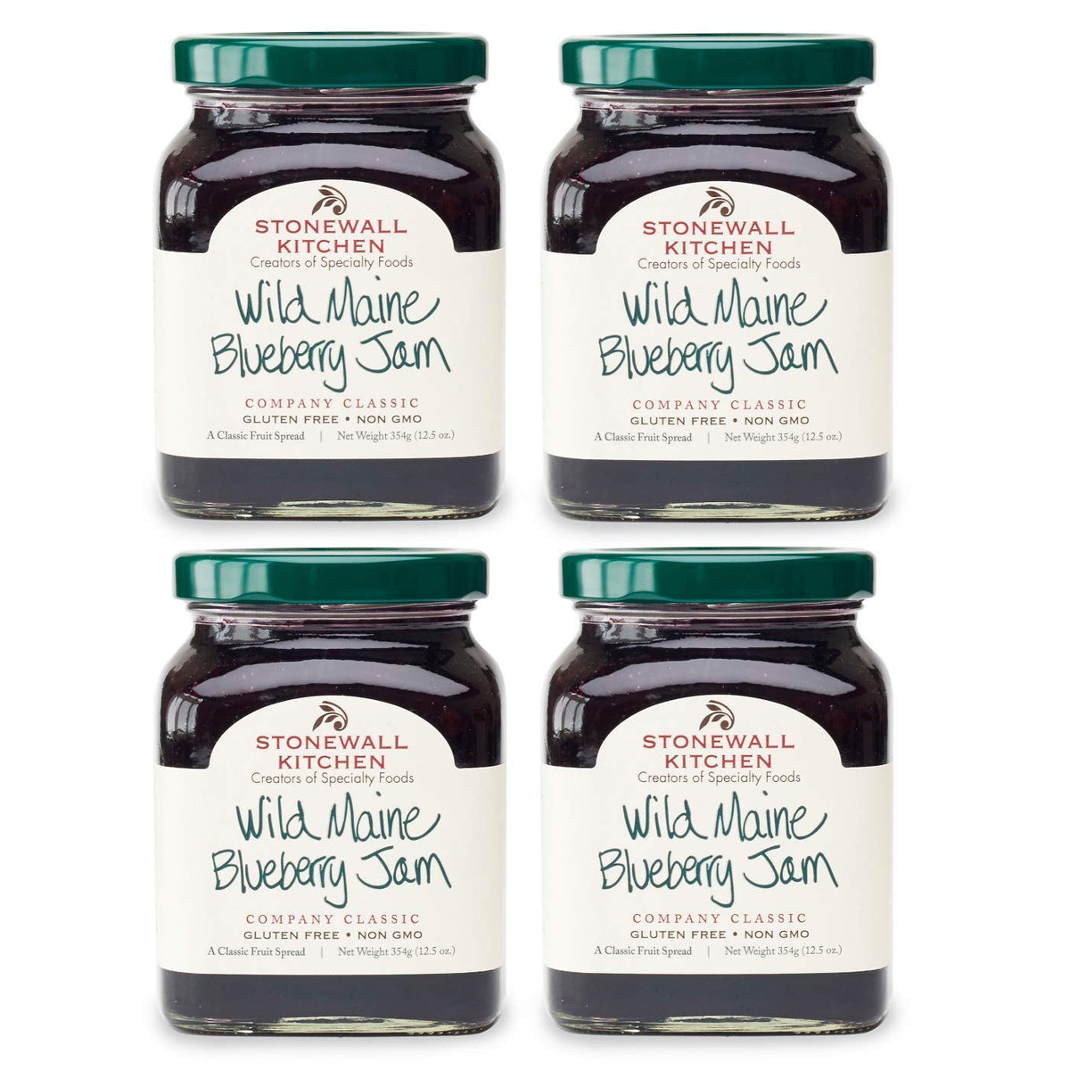 Stonewall Kitchen Wild Maine Blueberry Jam 4-pack jar closeup for pantry-ready flavor.