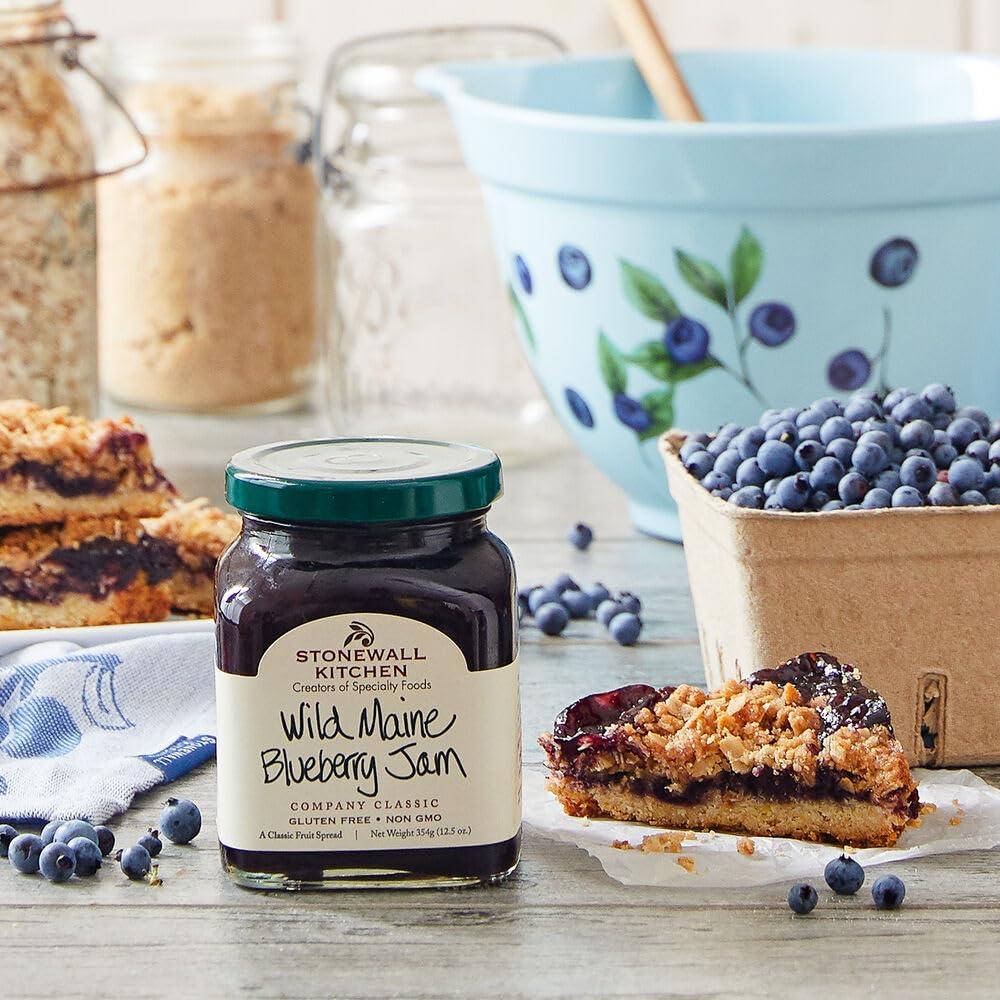 Stonewall Kitchen Wild Maine Blueberry Jam glass jar on display.