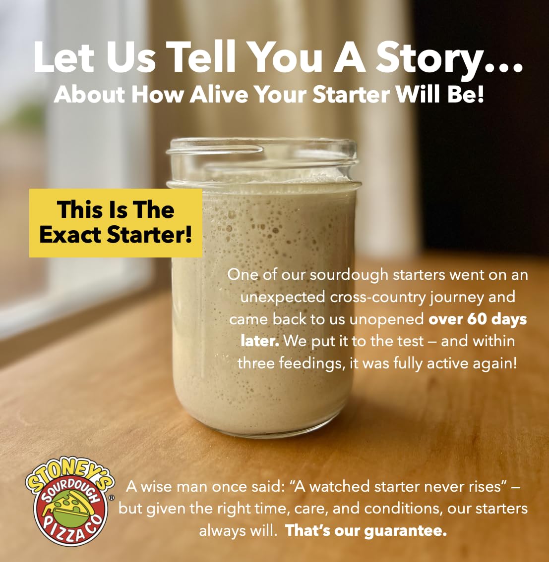 Stoney's starter packaging and lid visible for fresh, ready-to-use culture