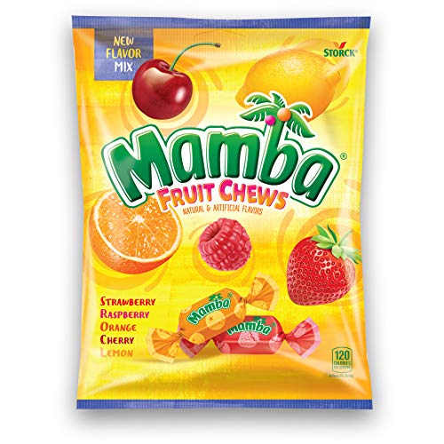 Storck Mamba fruit chews mix flavors: strawberry, raspberry, orange, cherry, lemon; ideal party treat.