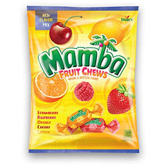 Storck Mamba fruit chews mix flavors: strawberry, raspberry, orange, cherry, lemon; ideal party treat.