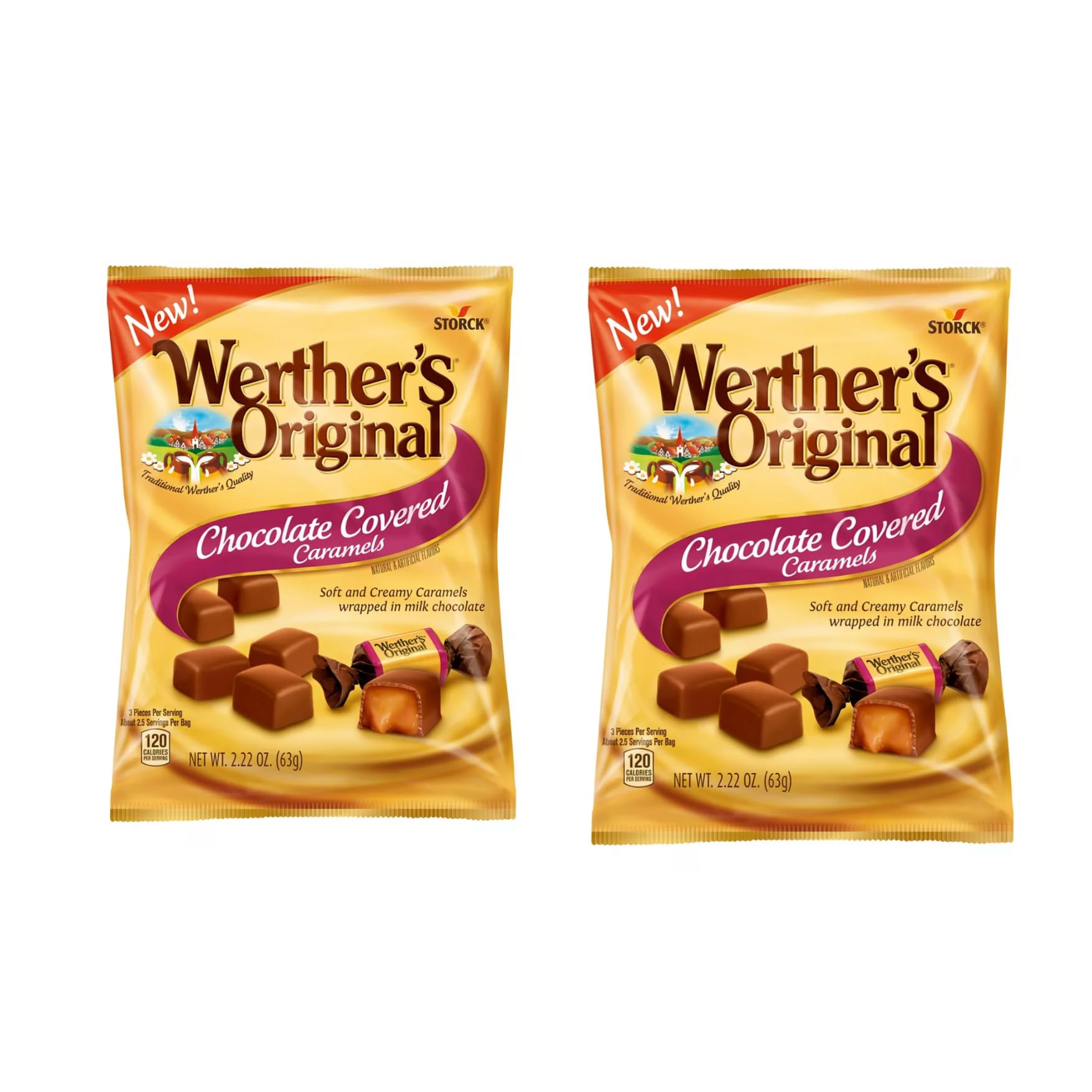 Storck Werther's Original chocolate caramel bag close-up, rich melt-in-your-mouth texture for indulgent snacks