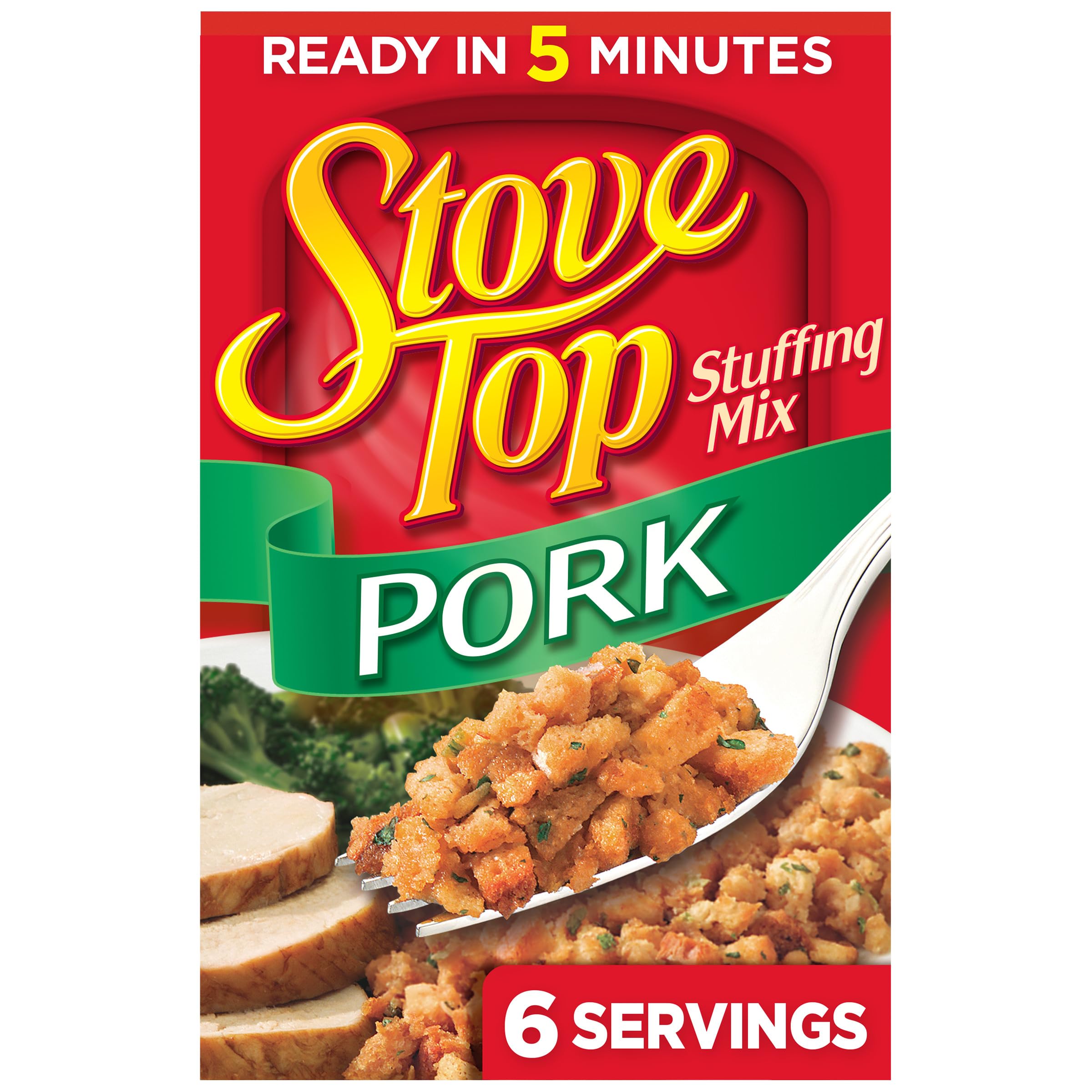 Stove Top Pork Stuffing Mix box front, ready-to-use seasoning for quick meals.