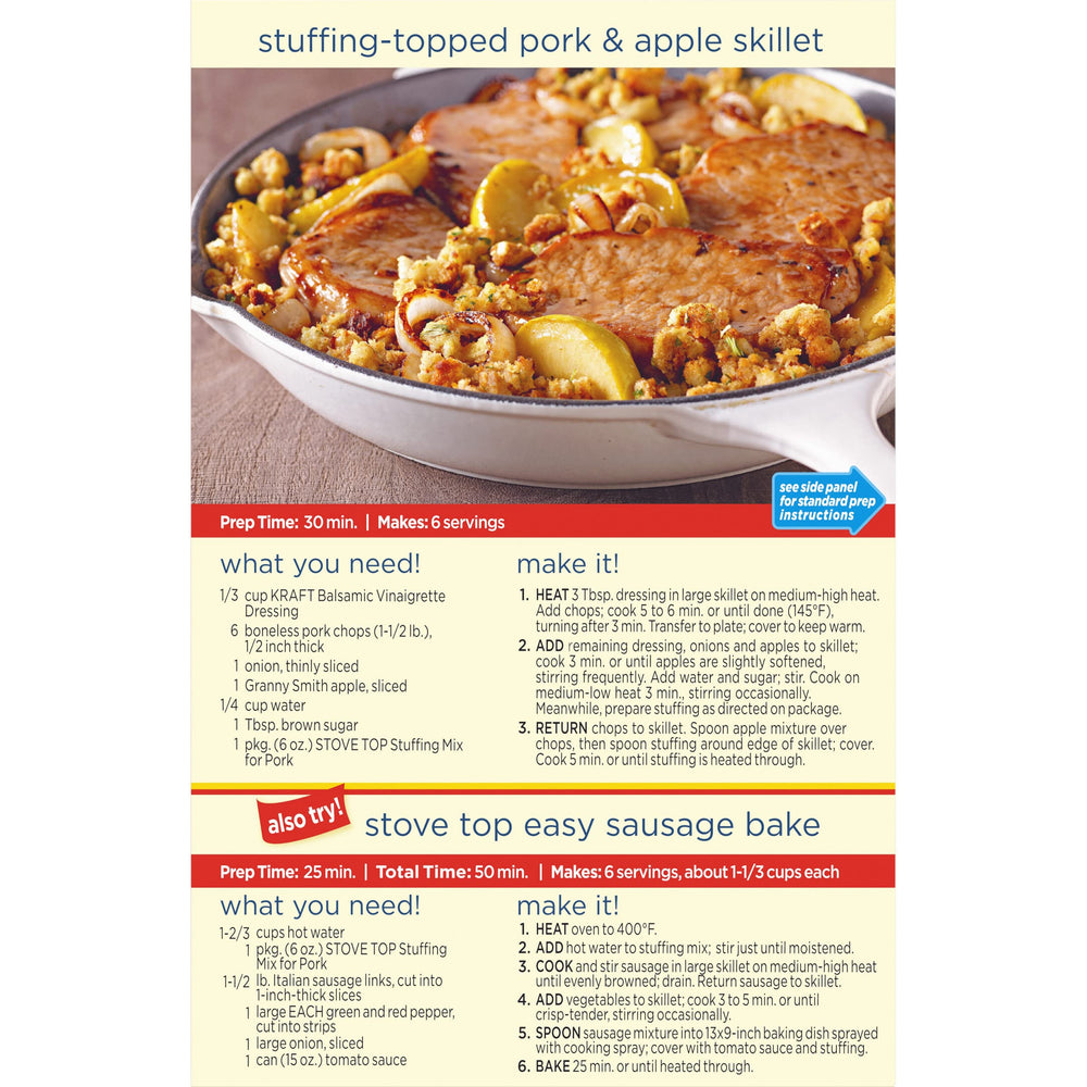 Stove Top Pork Stuffing Mix box on kitchen counter with water and butter.
