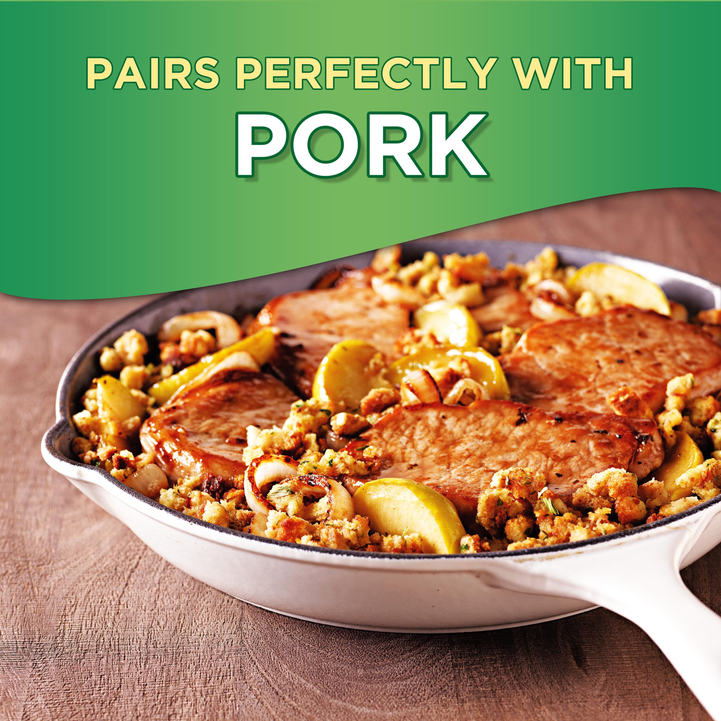 Stove Top Pork Stuffing Mix in holiday skillet with apples.