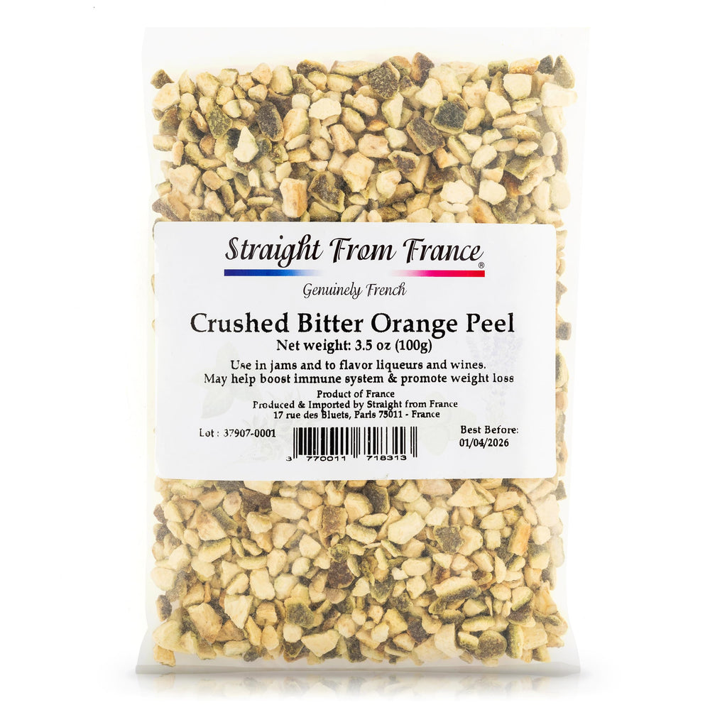 Straight from France Crushed Bitter Orange Peel for infusions, elevating aroma and subtle flavor.