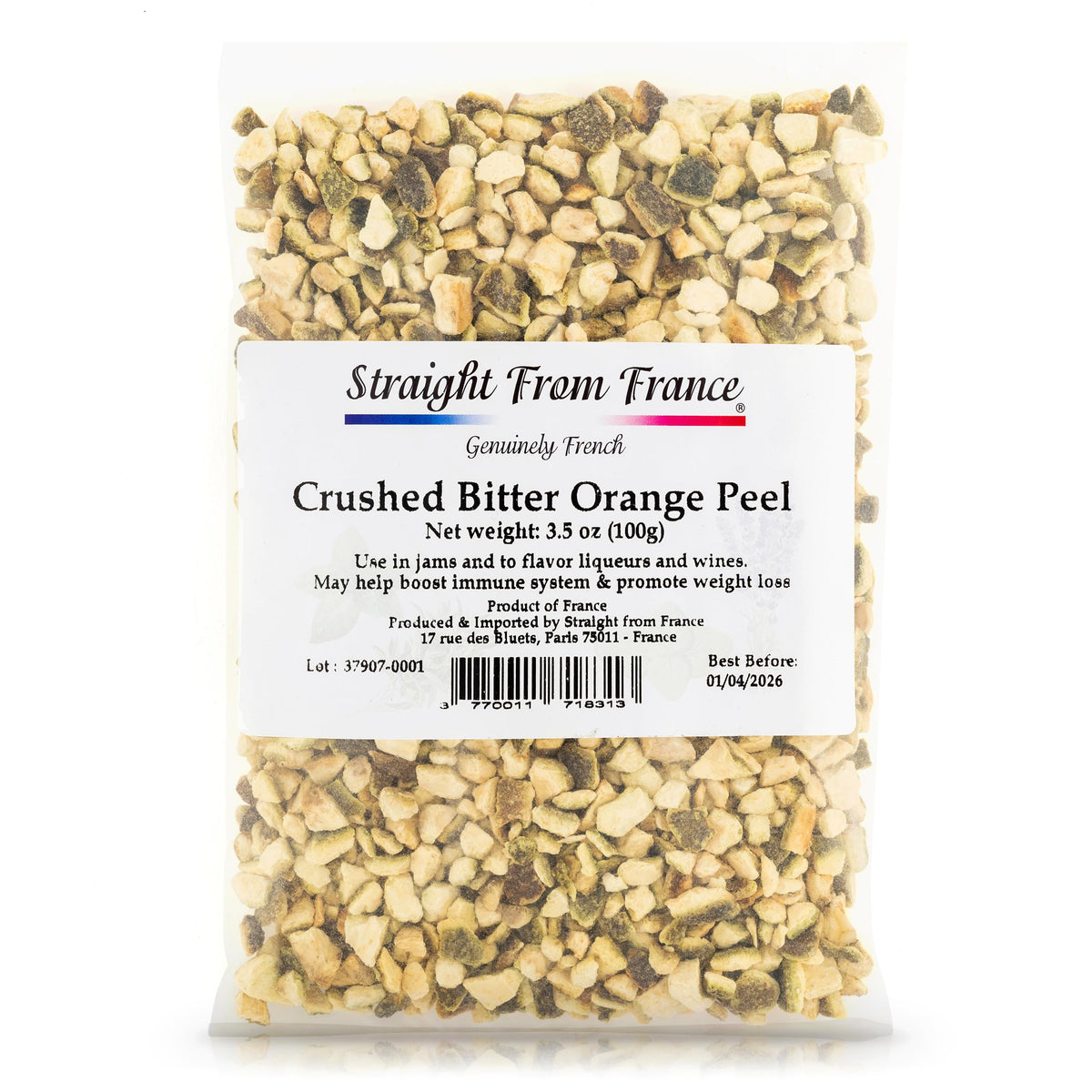 Straight from France Crushed Bitter Orange Peel for infusions, elevating aroma and subtle flavor.