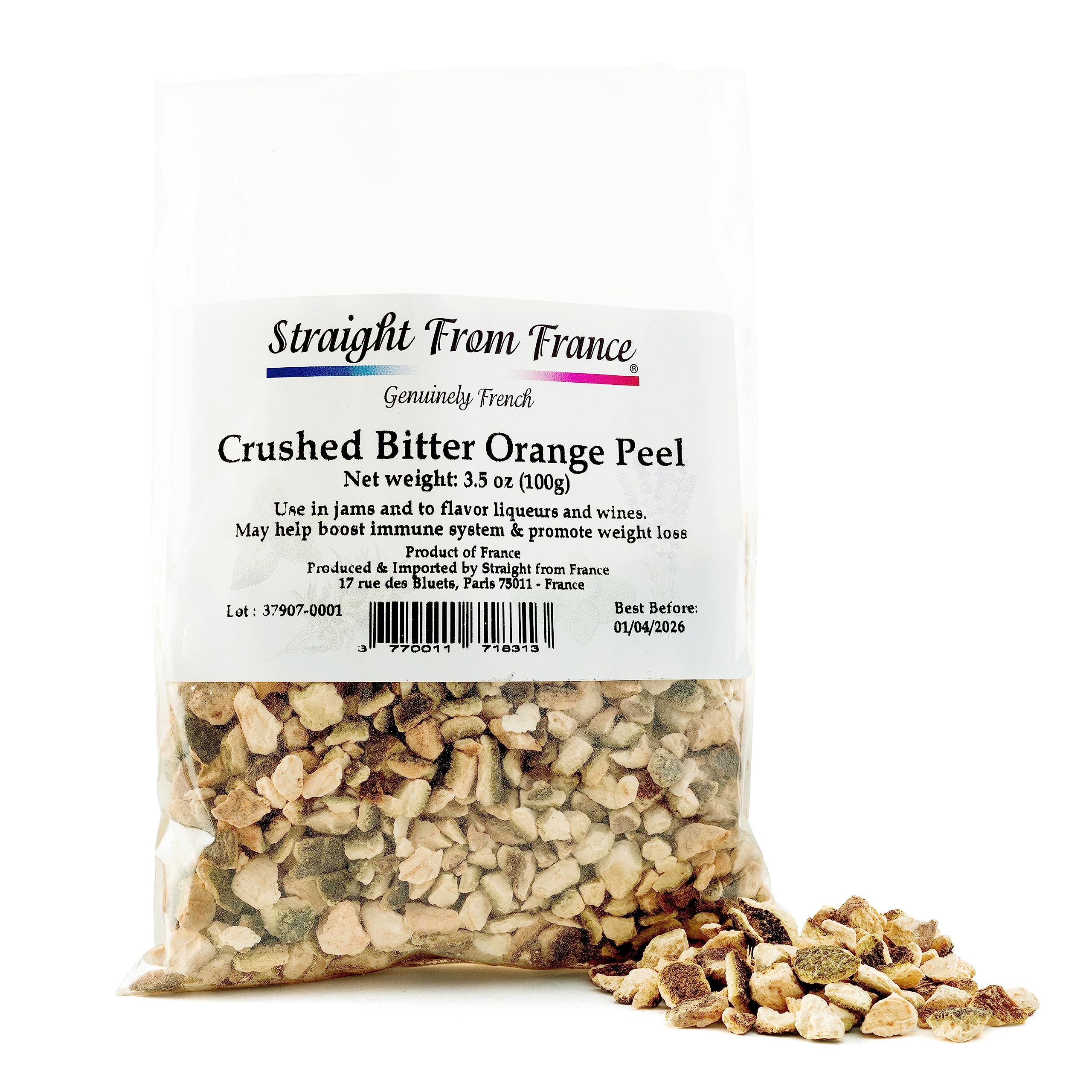 Straight from France Crushed Bitter Orange Peel for jams and preserves, enhances zest and fruit character.