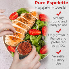 Straight from France Espelette Pepper Powder pour spoon suggests easy seasoning for meats and stews.