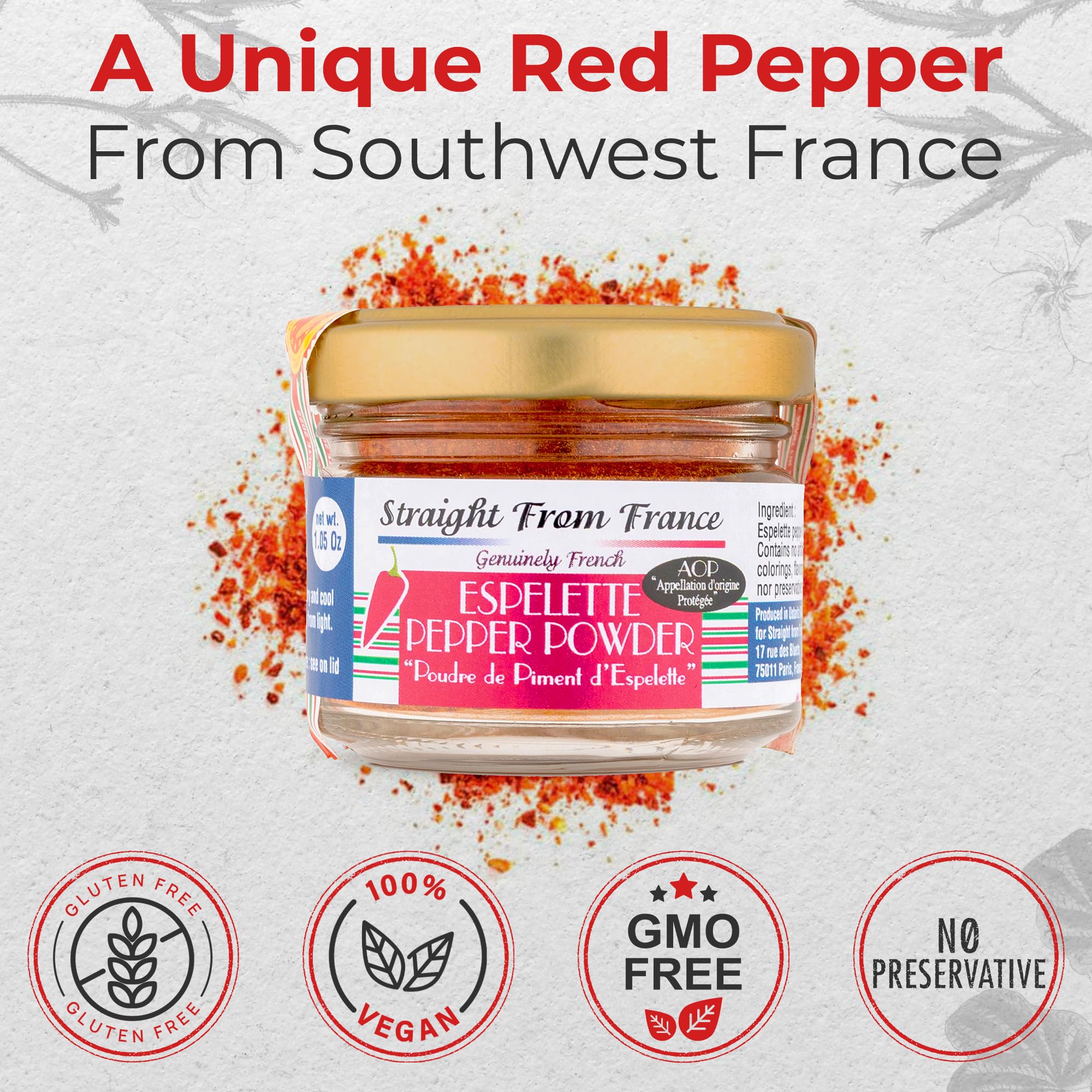 Close-up texture of Straight from France Espelette Pepper Powder shows fine grind and vibrant color.