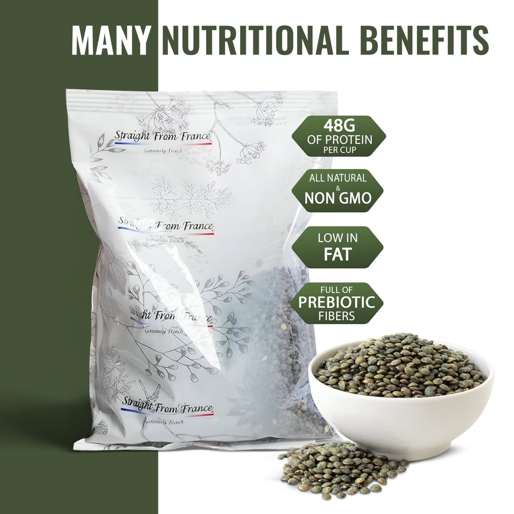 Dry lentils close-up reveal mottled dark green–grey color and peppery hint.