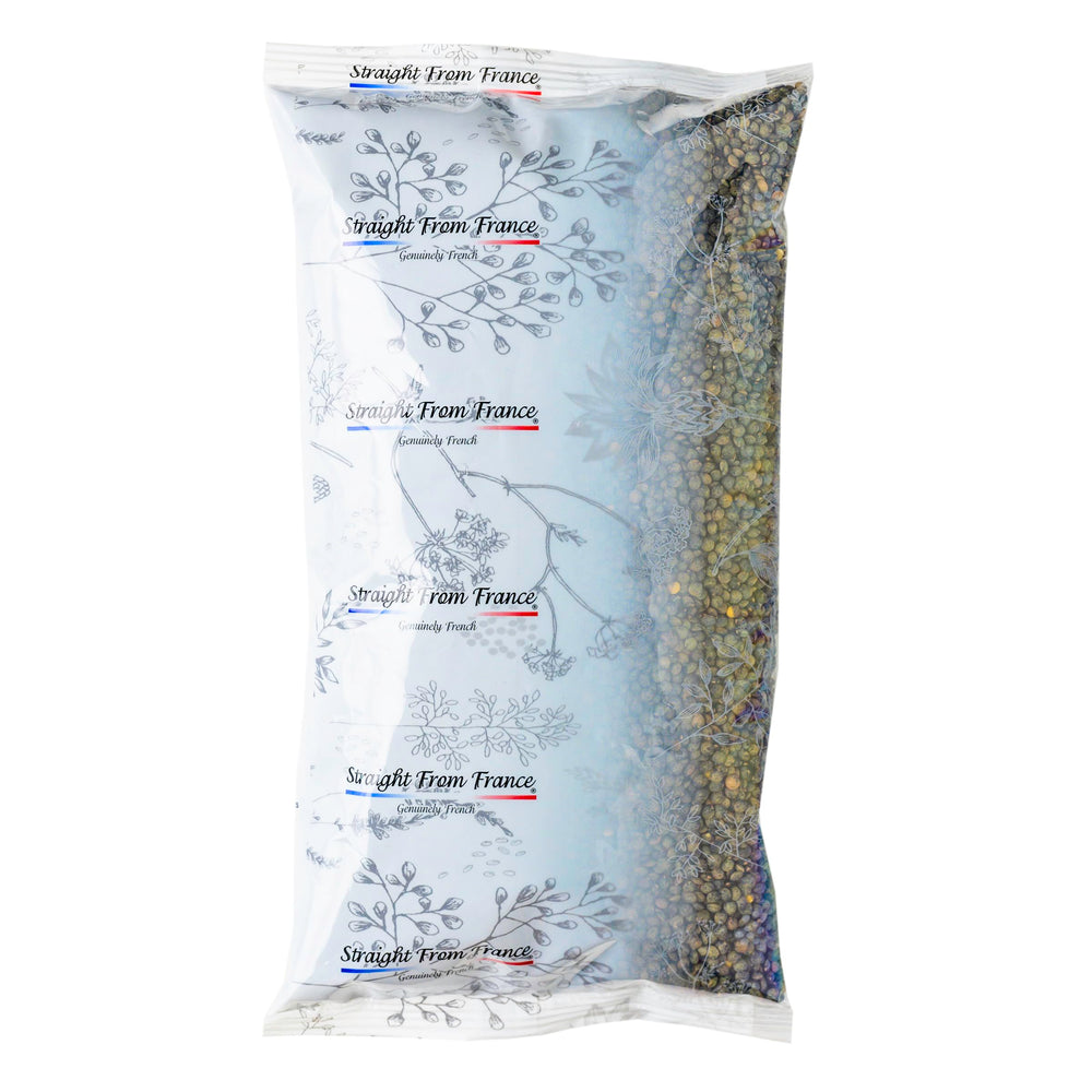 Straight from France Genuinely French lentils packaging front emphasizes authenticity and non-GMO quality.