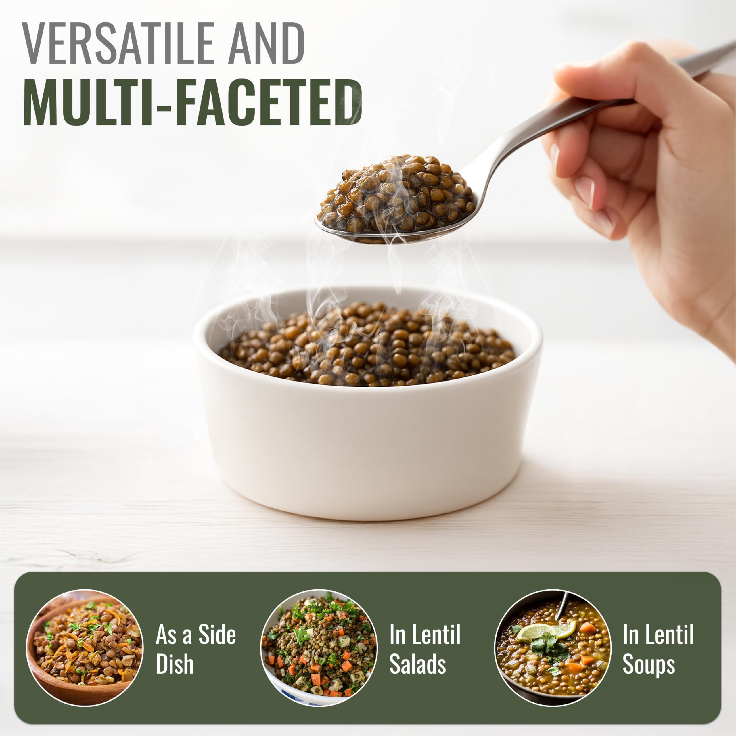 Lentil soup in pot highlights hearty texture and fiber-rich base.
