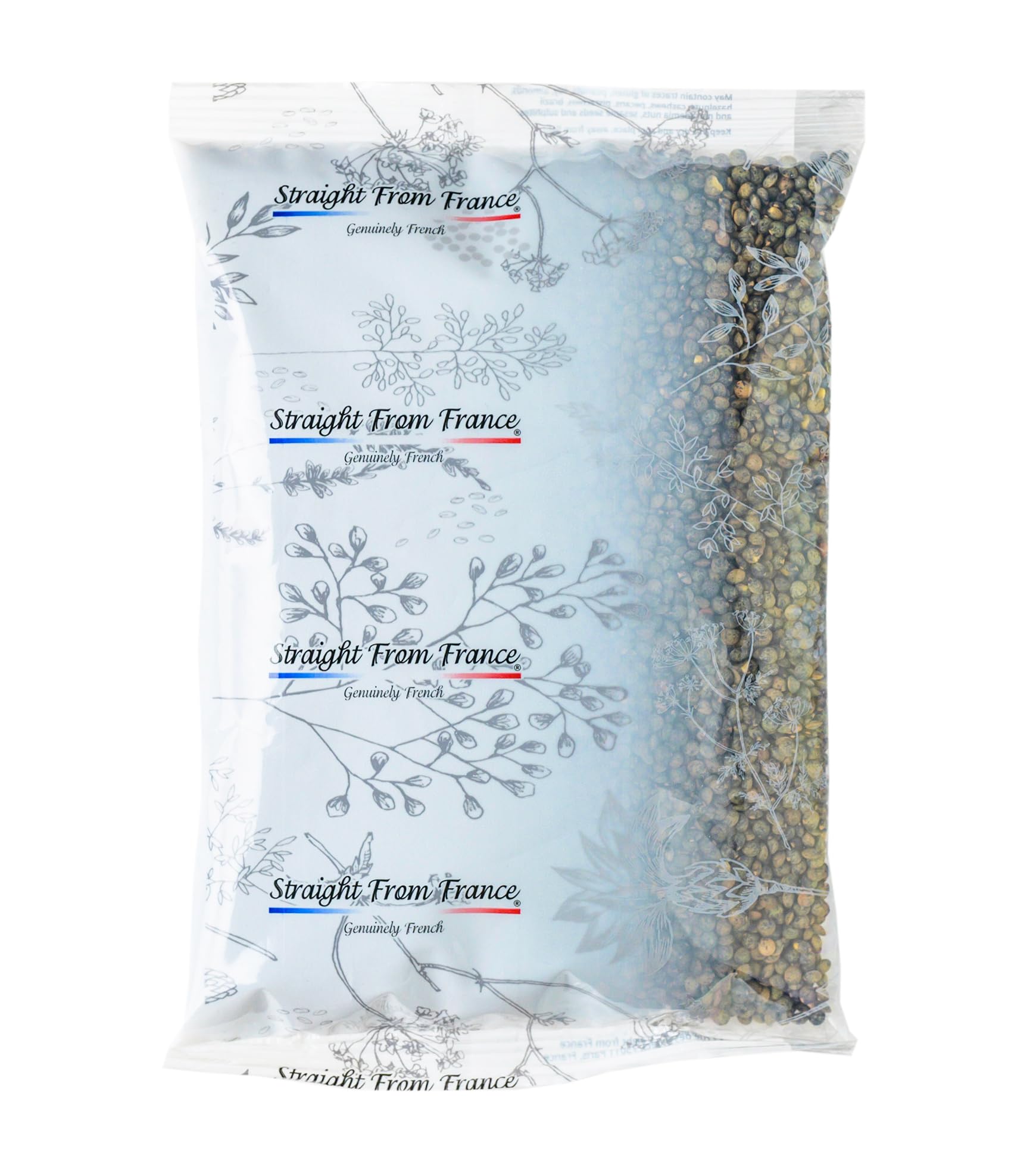 Straight from France green lentils bag closeup, authentic color and versatile meals
