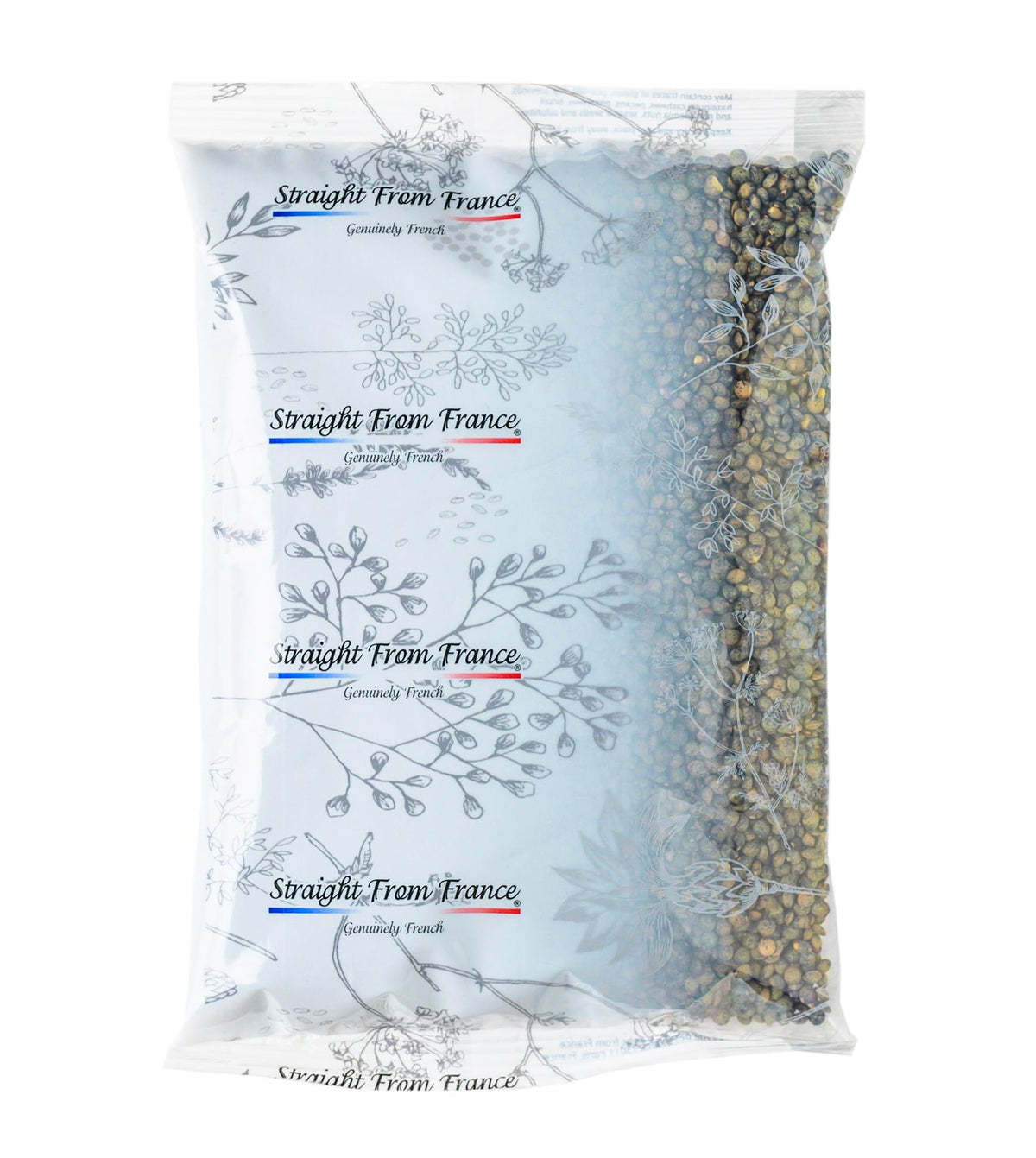 Straight from France green lentils bag closeup, authentic color and versatile meals