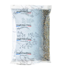 Straight from France green lentils bag closeup, authentic color and versatile meals