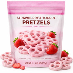 Strawberry Yogurt Pretzel Delights pack-shot showing creamy coating