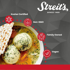 Streit's kosher-certified label close-up, reassuring Passover-friendly gluten-free comfort meal.