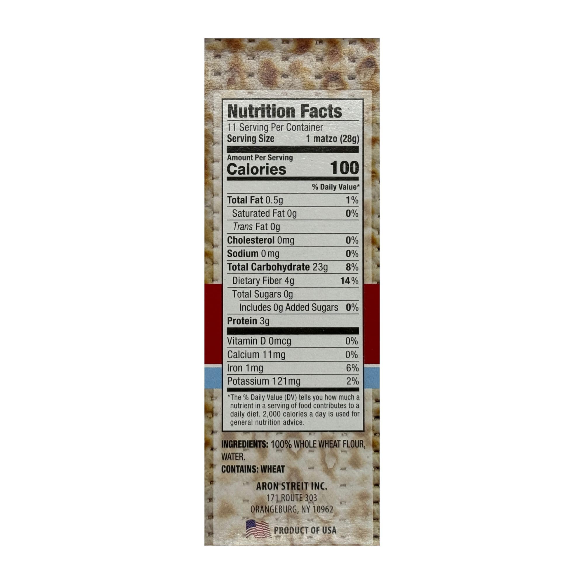 Nutrition facts panel on Streit’s Whole Wheat Matzo highlights non-GMO and low-fat benefits.