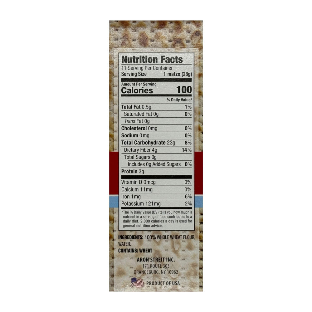 Nutrition facts panel on Streit’s Whole Wheat Matzo highlights non-GMO and low-fat benefits.
