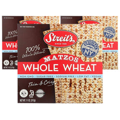 Close-up shows Streit’s Whole Wheat Matzo crisp texture, great for light toppings.