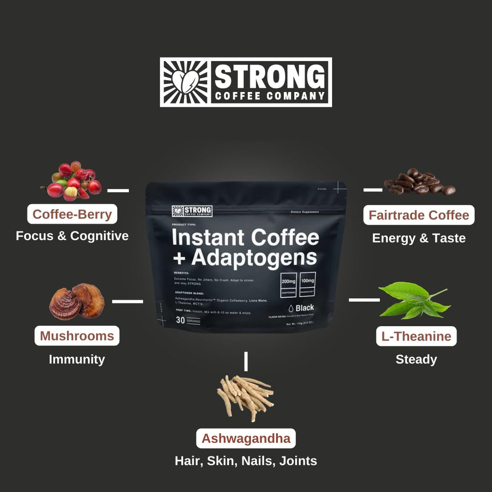 STRONG COFFEE COMPANY ashwagandha adaptogens scene suggests stress resilience.
