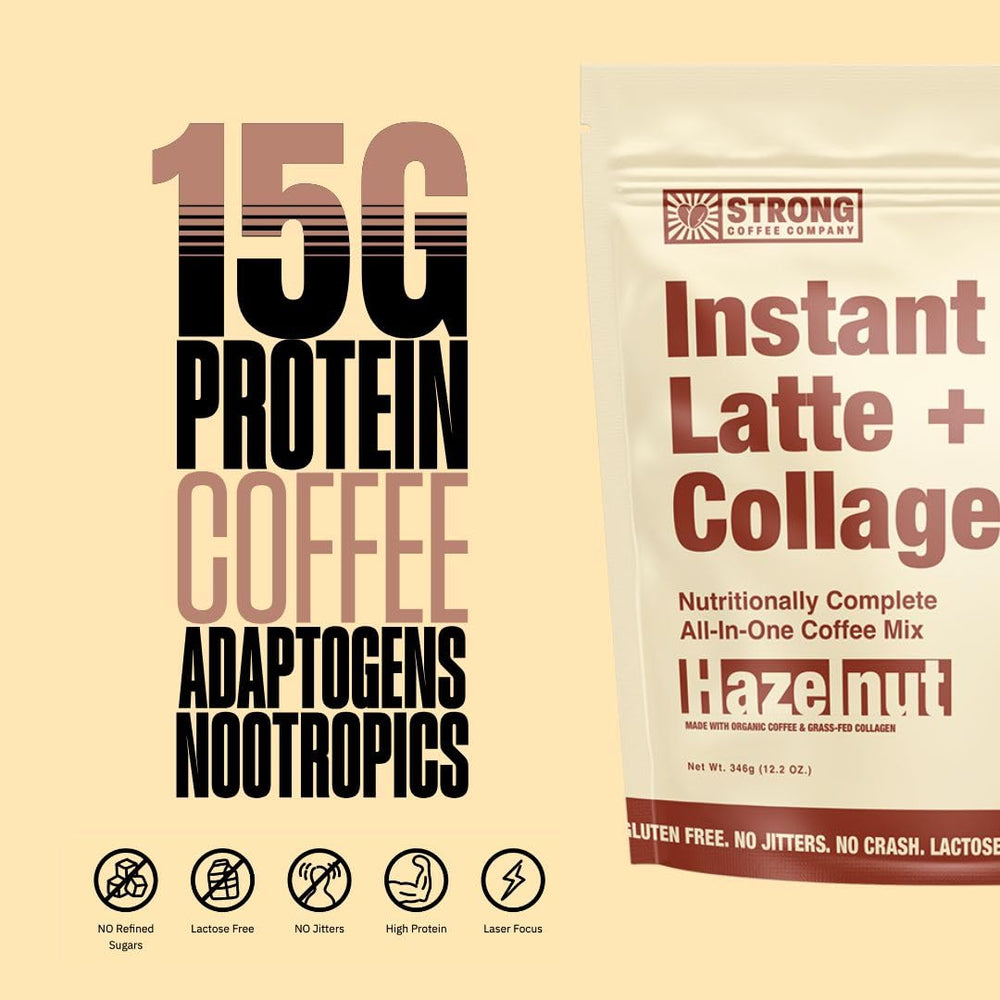 Strong Coffee Company collagen 15g per serving supports hair, skin, and nails.