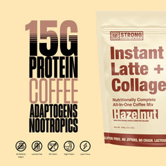 Strong Coffee Company collagen 15g per serving supports hair, skin, and nails.