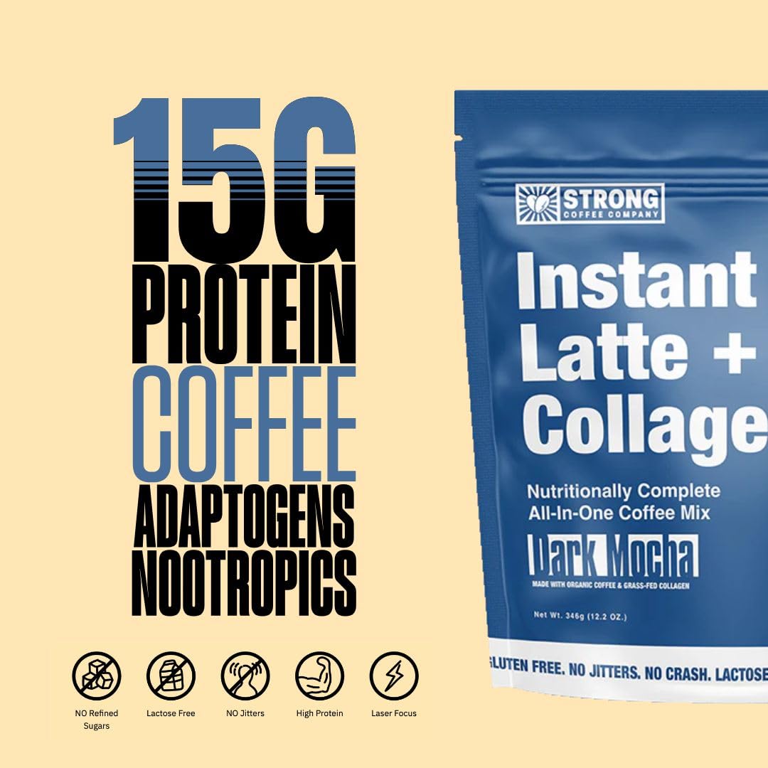 Strong Coffee Company collagen protein scoop showing 15 g per serving for nutrition.