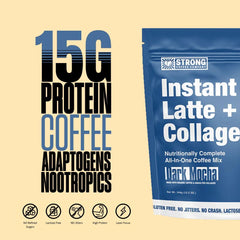 Strong Coffee Company collagen protein scoop showing 15 g per serving for nutrition.
