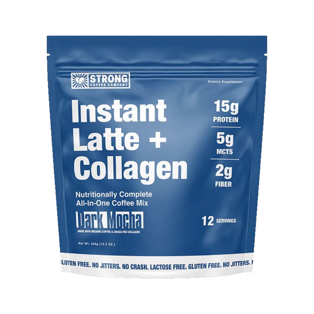 Strong Coffee Company Dark Mocha Instant Latte pack shot featuring collagen protein for daily nutrition.