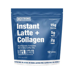 Strong Coffee Company Dark Mocha Instant Latte pack shot featuring collagen protein for daily nutrition.
