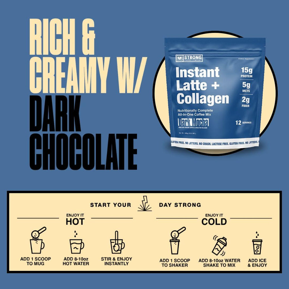 Strong Coffee Company Dark Mocha latte ingredients close-up, highlighting organic coffee and nutrients.