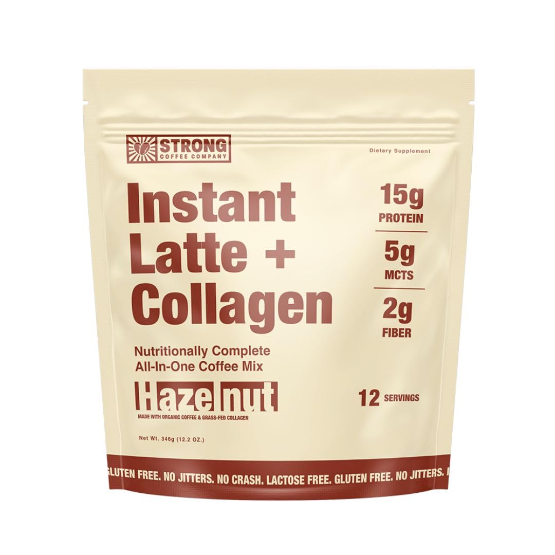 Strong Coffee Company hazelnut instant latte cup steaming for a cozy breakfast ritual.