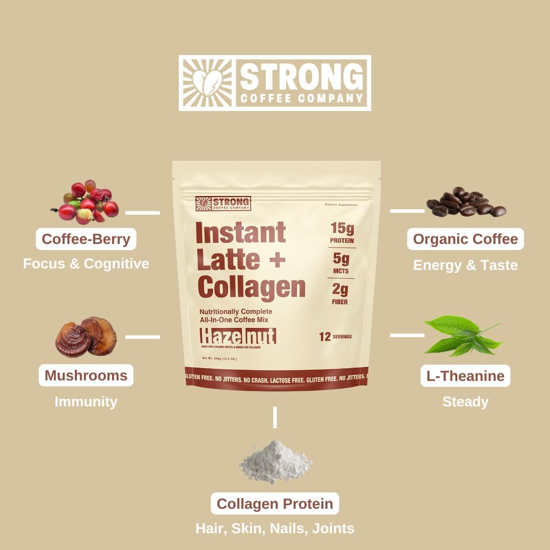 Strong Coffee Company hazelnut latte aroma enhances morning mood with organic Arabica.