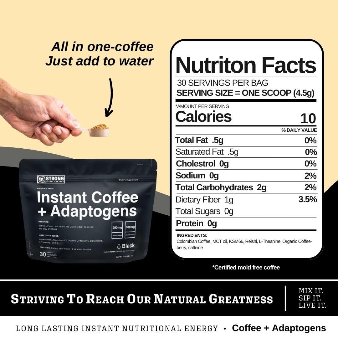 STRONG COFFEE COMPANY scoop beside jar for precise daily servings.