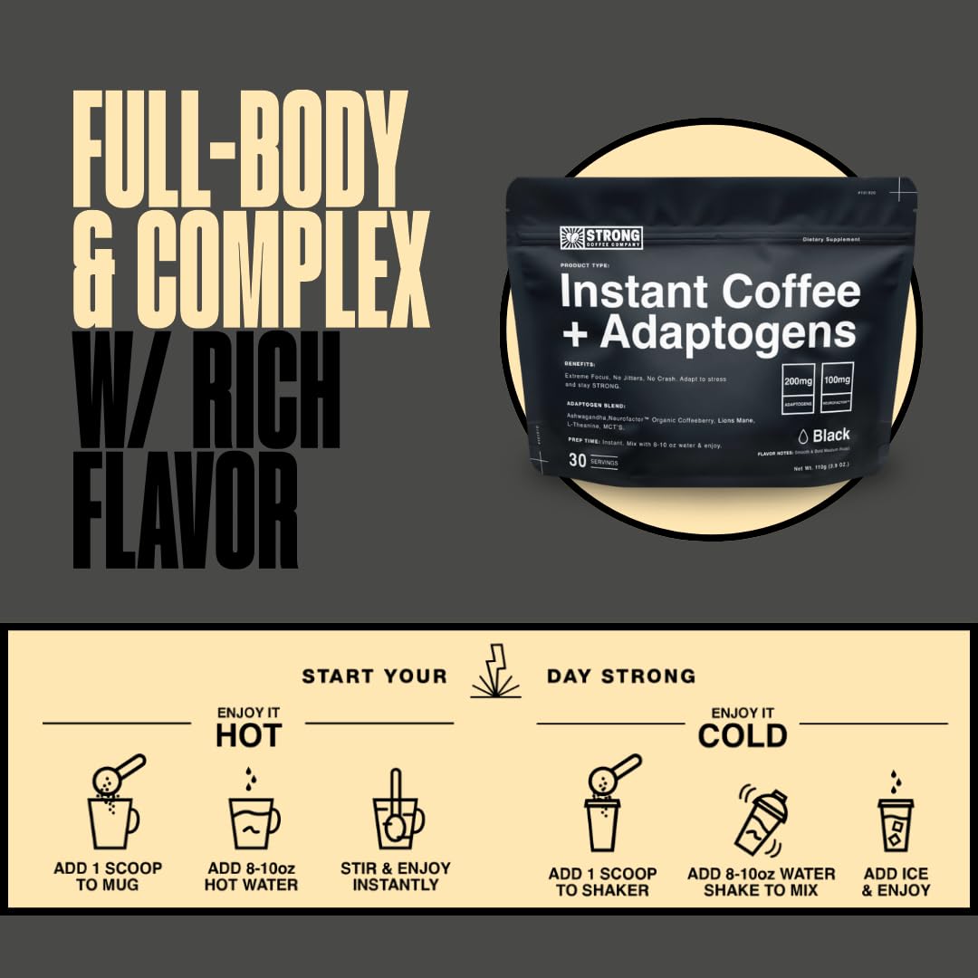 STRONG COFFEE COMPANY steaming cup shows hot brew with calm focus.