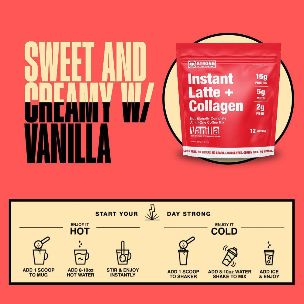 Strong Coffee Company Vanilla Instant Latte bag highlights collagen, MCT, and adaptogens.