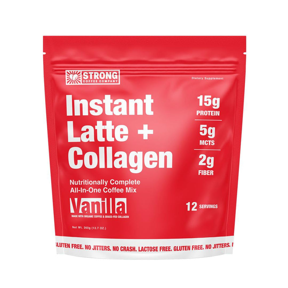 Strong Coffee Company Vanilla Instant Latte bottle with creamy aroma for a quick energy boost.