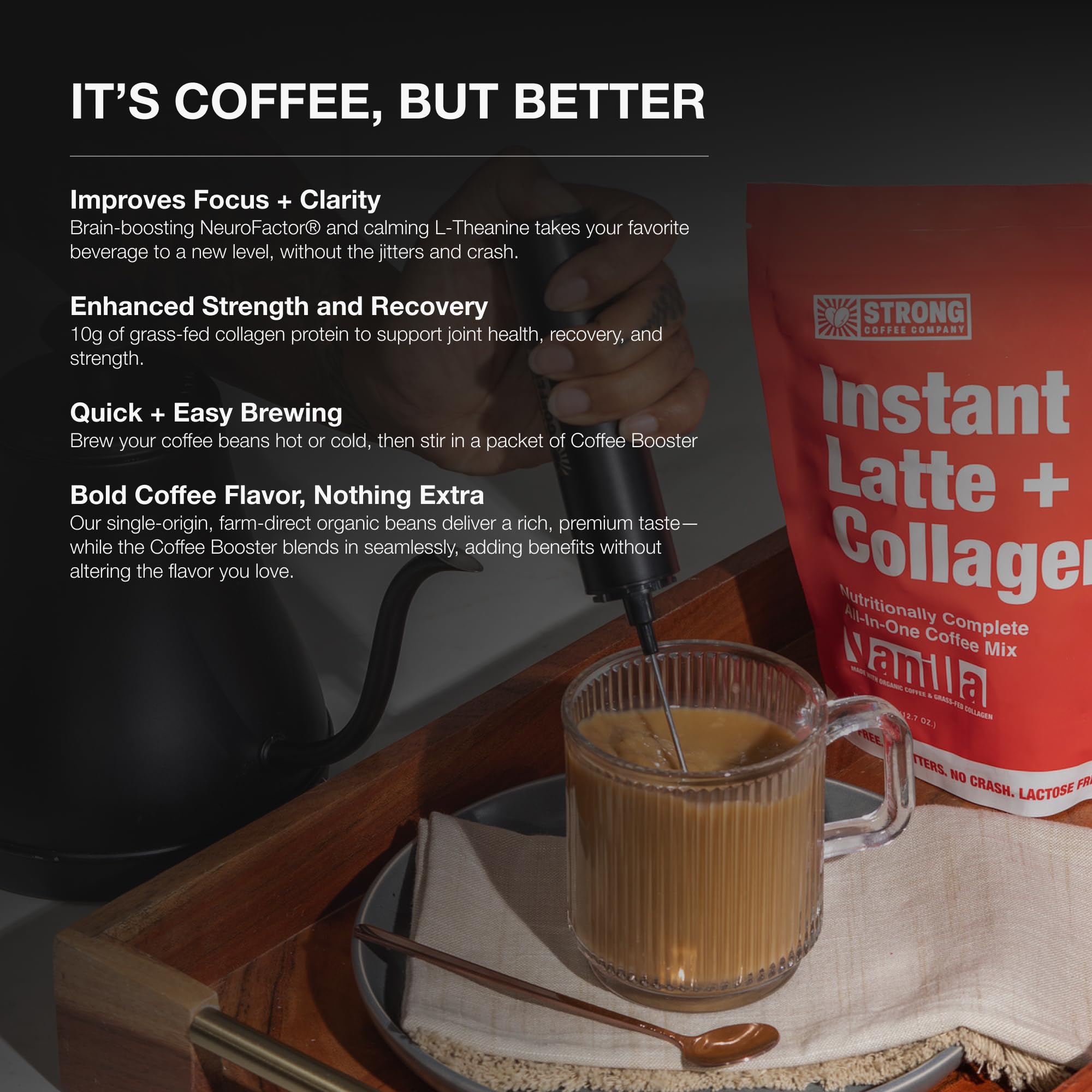Strong Coffee Company Vanilla Instant Latte closeup ingredients highlight collagen and nootropic blend.