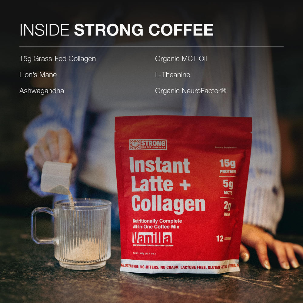 Strong Coffee Company Vanilla Instant Latte cup reveals a frothy, vanilla latte.