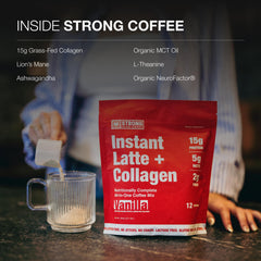 Strong Coffee Company Vanilla Instant Latte cup reveals a frothy, vanilla latte.