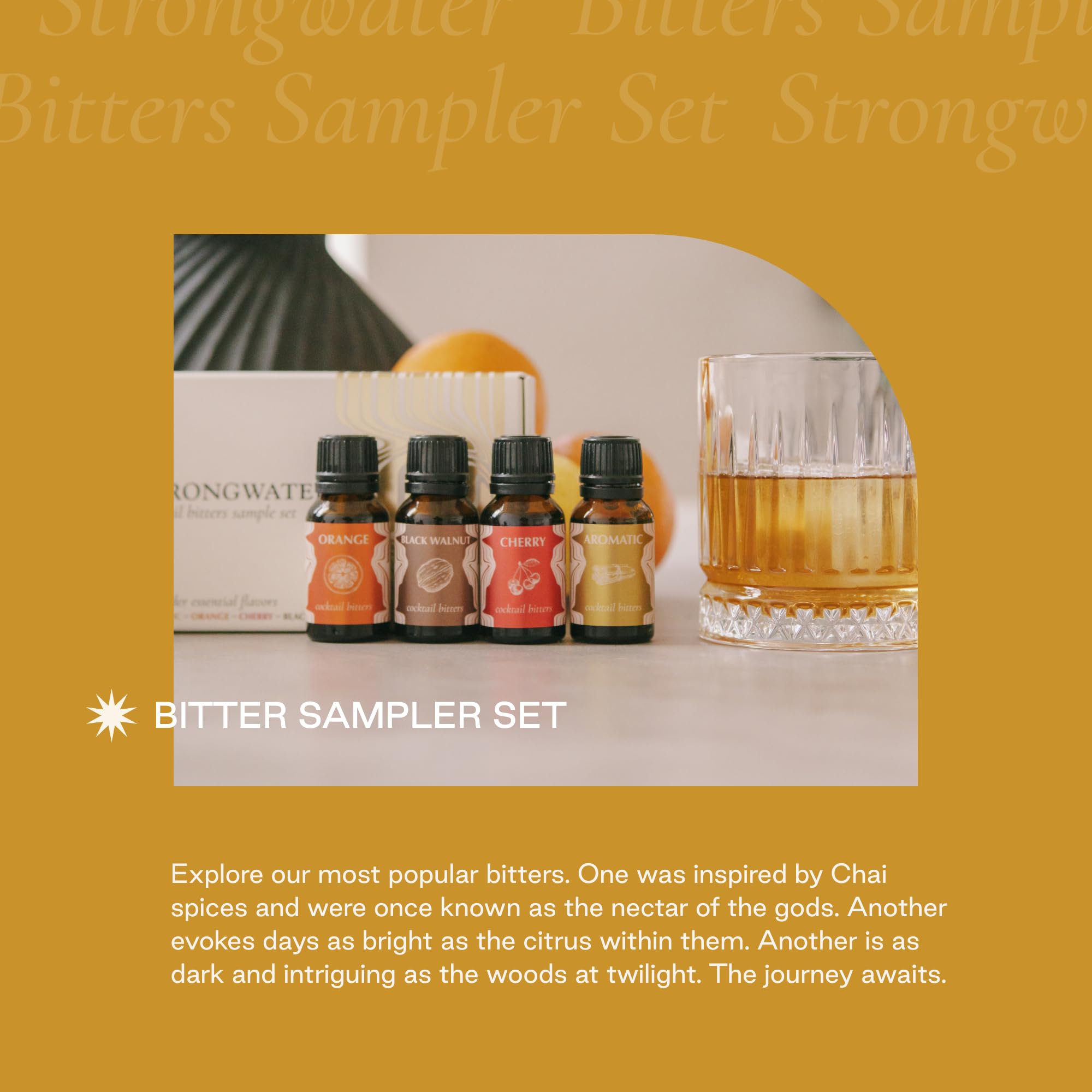 Unboxing shot of Strongwater bitters set four bottles for tasting sessions
