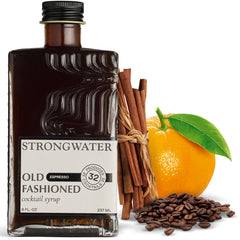 Strongwater Espresso Old Fashioned Mixer bottle pour highlights premium cocktail prep.