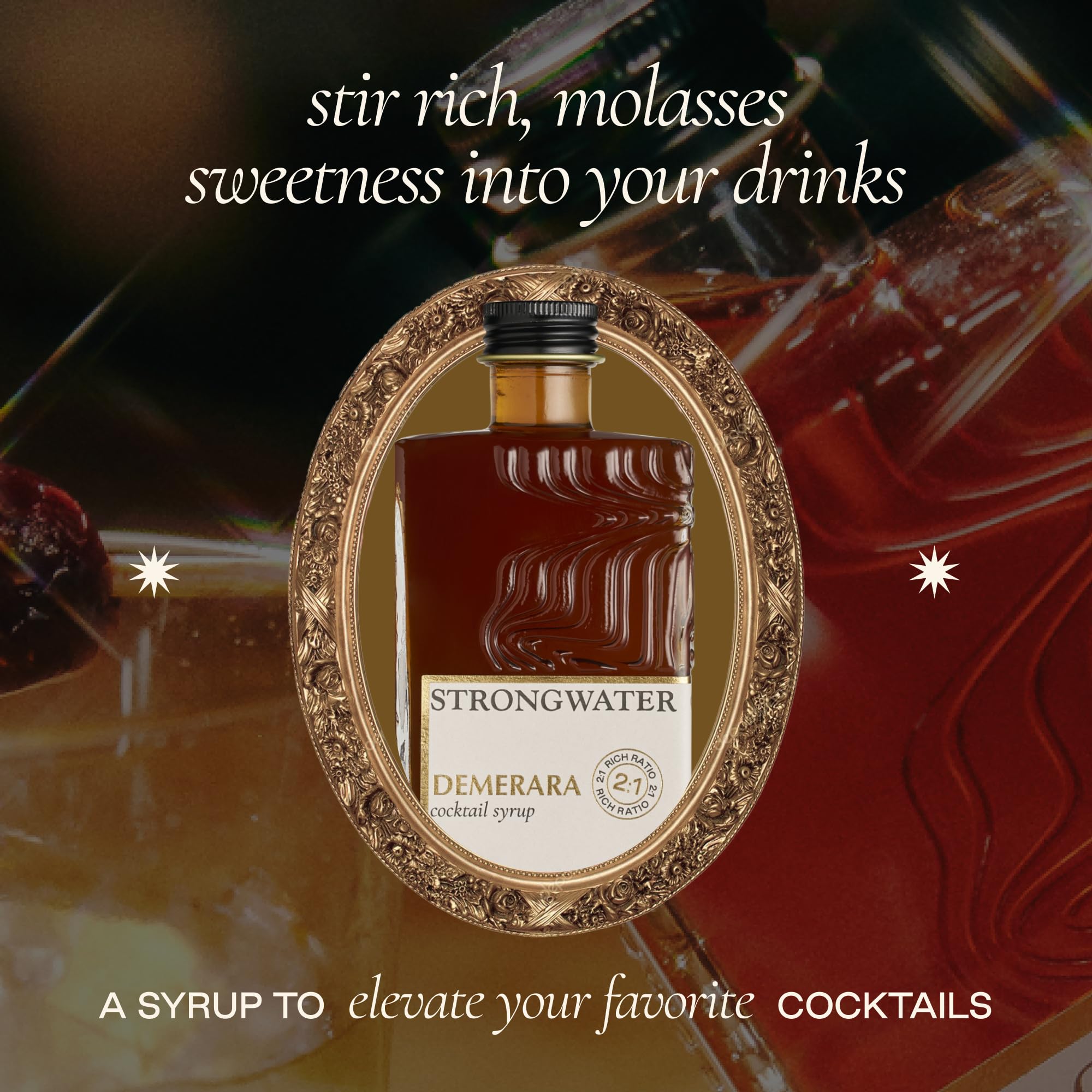 Strongwater syrup bottle label highlights premium US-made ingredients.
